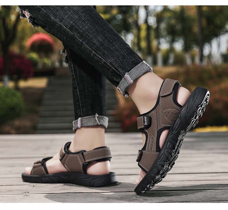 PLAYBOY Men's Sandals, Summer 2025 Breathable Beach Shoes, Korean-Style Perforated Shoes with Velcro Slippers, Black, Size 40 7