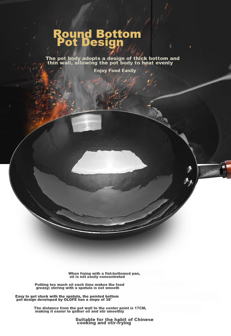 OLOFE Zhangqiu Black Iron Wok, Non-Coated, Lightweight, Round Bottom, Forged, Traditional Gas Stove, Large Stir-Fry Pan, Quiet Operation, 32cm 6