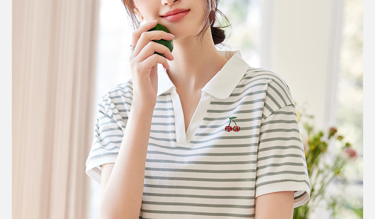 PinCai Women's Summer Short Sleeve V-Neck Polo Shirt Striped Letter Cherry Fashion Base Top P143T1550 1