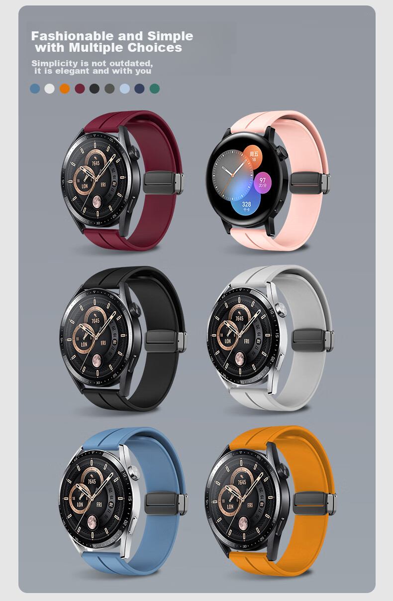 Watchbond Compatible with Huawei Watch 6/6 Pro/5 Strap, GT7/6/5/4/GT7 Pro/6 Pro/GT3/Buds2 Strap, Magnetic Silicone Sports Style 46mm Wristband 8