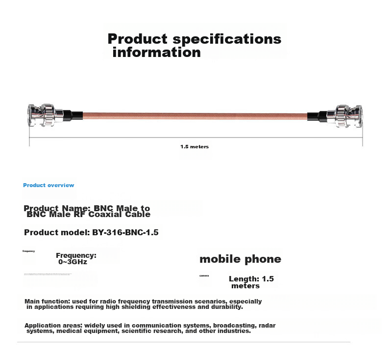 BOYANG BNC Male to BNC Male RF Cable, 50 Ohm, 1.5 Meters, High-Frequency RG316 Ultra-Soft Silver-Plated Shielded SFF50-1.5 High-Temperature Cable (0-3G), BY-316 4