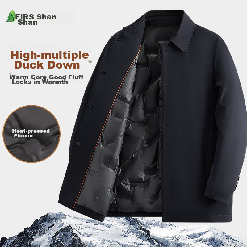 FIRS Men's down Jacket, Winter Business Casual, Cold-Resistant, Warm, Fluffy, Soft, Mid-Length, Lapel Collar, Men's Outerwear