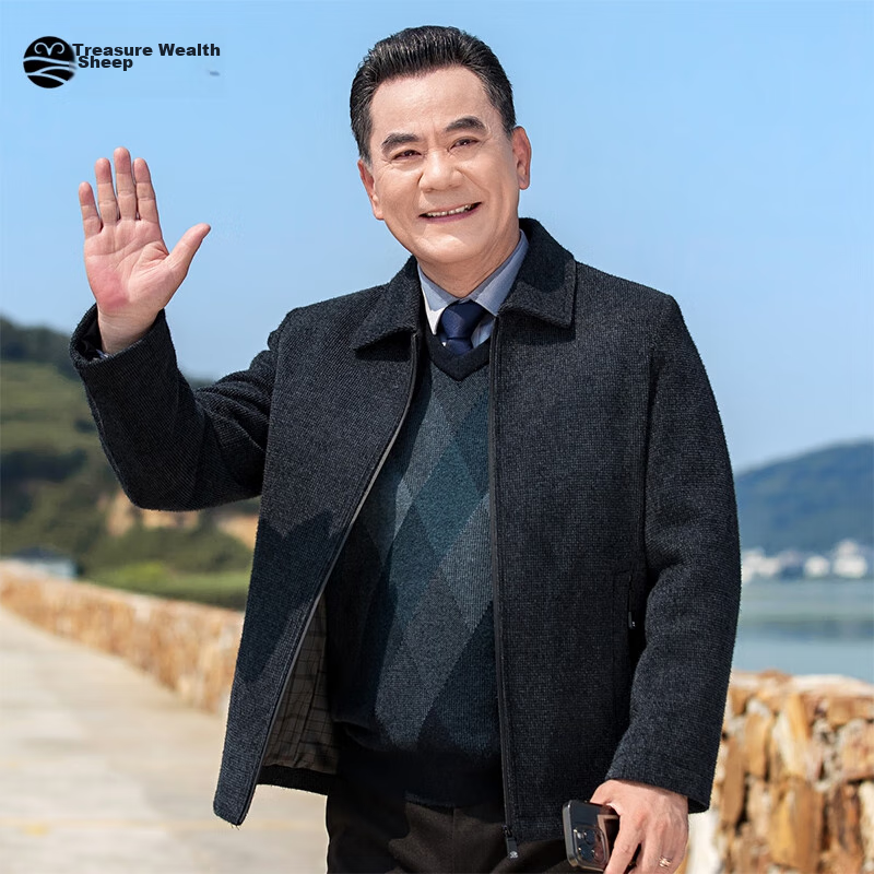 Baocaiyang Dad's Woolen Coat for Men, Spring And Autumn Style, Turn-Down Collar, Thick Business Suit Jacket, Executive Outerwear for Middle-Aged And Elderly Me