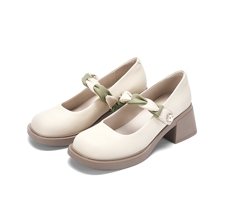 DAPHNE French Mary Jane Women's Shoes, 2026 New Style Shallow Mouth Elegant Pumps, Evening Shoes, Chunky Heel High Heels, Apricot Color, Size 38 10