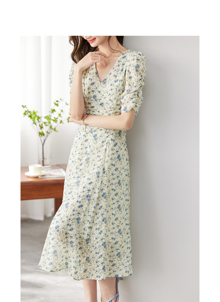 Sentubila Summer French Floral Print Dress, Puff Sleeve Tea Break Dress, Elegant Goddess Style Skirt, Apricot Base with Blue Flowers, M Size 18