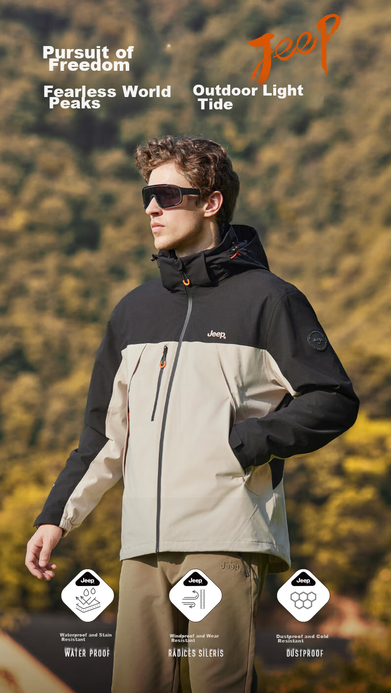 JEEP Windbreaker Jacket for Men And Women, Autumn And Winter Outdoor Three-In Windproof And Warm Mountaineering Coat, Vintage White, 3XL 2