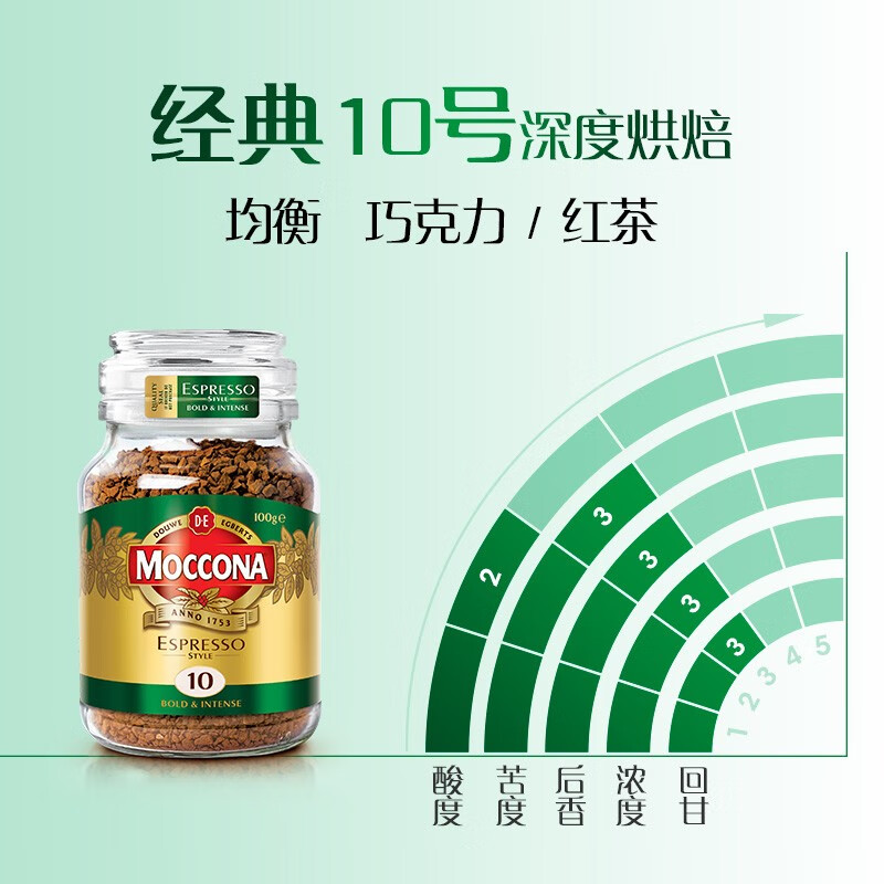 摩可纳（Moccona）意式浓缩10号冻干速溶黑咖100g瓶装深烘进口拿铁美式0脂400次咖啡