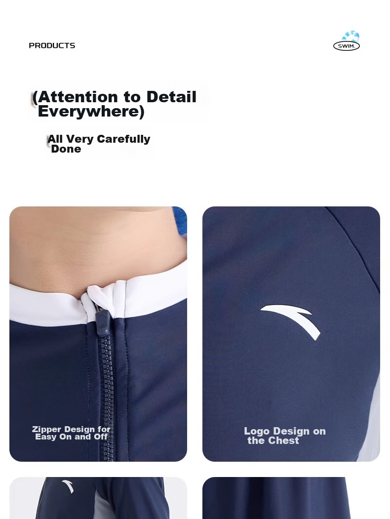 ANTA Children's Two-Piece Swimsuit, 2024 Summer New Style, Boys' Swimwear, Square-Leg Swim Trunks, Long-Sleeve Hot Spring Bathing Suit, Blue, Size 130 12