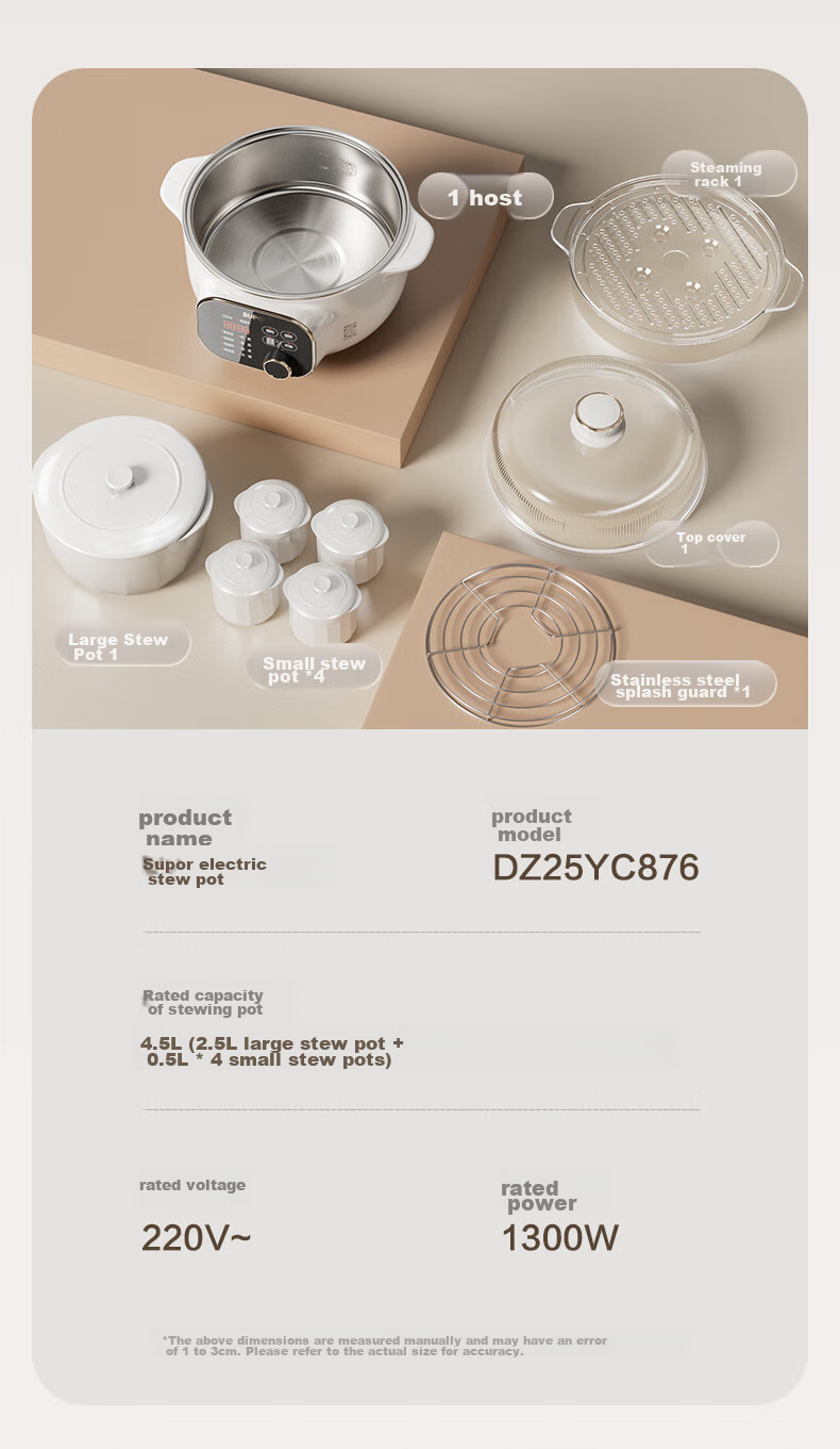 SUPOR Electric Stew Pot, Electric Stew Cup, Double Boiler for Cooking, Home Use Porridge And Soup Pot, Bird's Nest Stew Cup, 4.5L White Porcelain Inner Pot, Soup Pot with Steaming And Stewing Functions, DZ25YC876 Multifunctional Pot 19