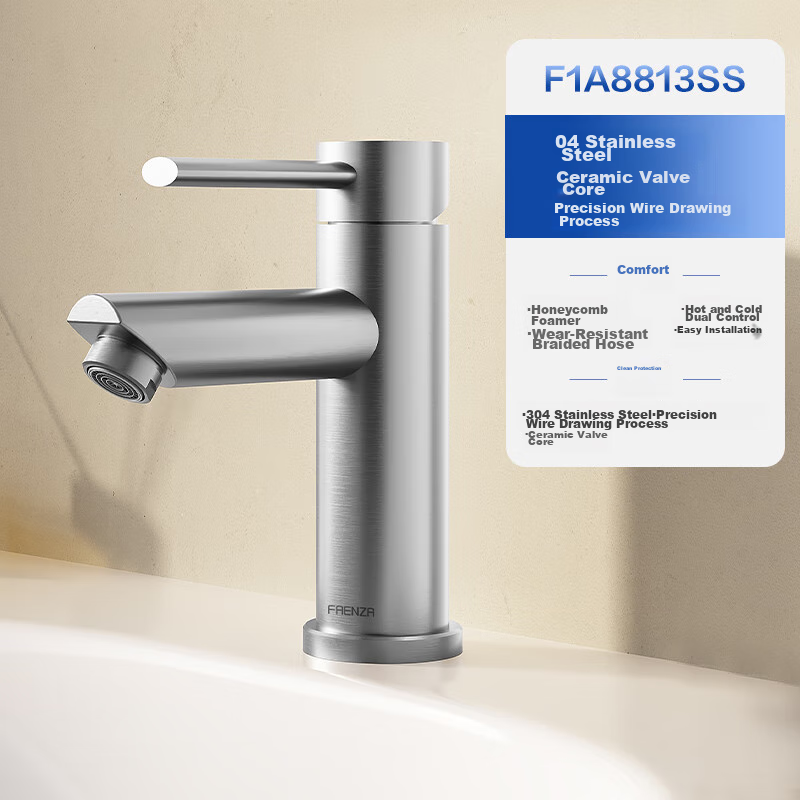 FAENZA Household Bathroom Sink, Stainless Steel Hot And Cold Dual Control Brushed Bathroom Basin Faucet, F1A8813SS
