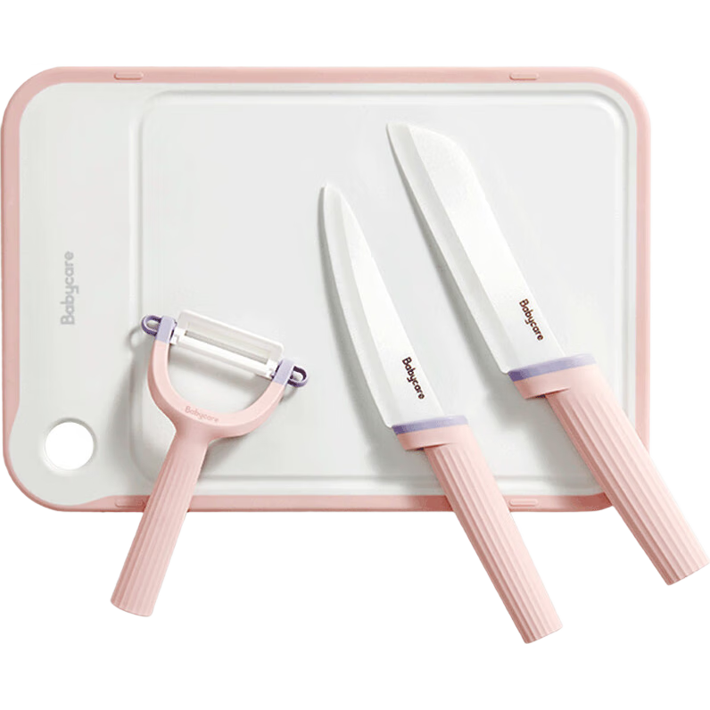 Babycare Baby Food Cutting Set, Kitchen Home Use Baby Food Tools, Cutting Board Ceramic Knife Set, 4-Piece Set, Fuyu Pink
