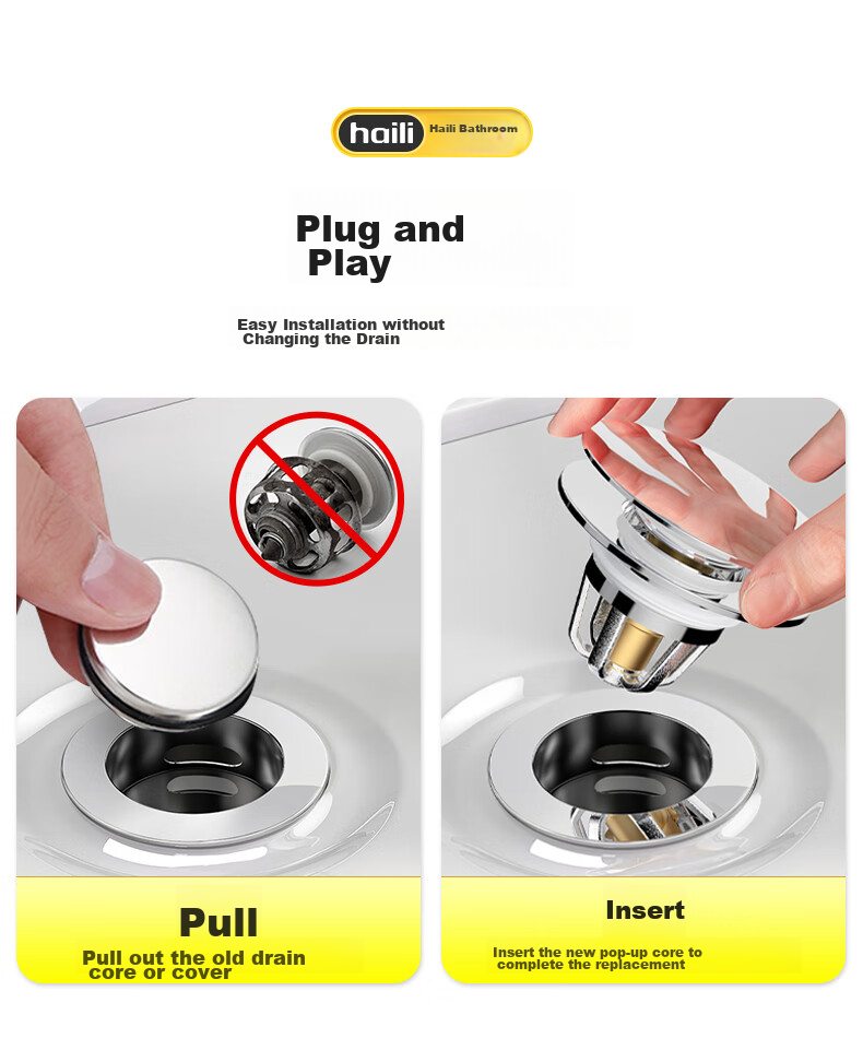 Haili Copper Washbasin Drain Stopper, Bathroom Cabinet Anti-Odor Push-Button Drain, Spring-Loaded Filter Cartridge, Universal X12 4