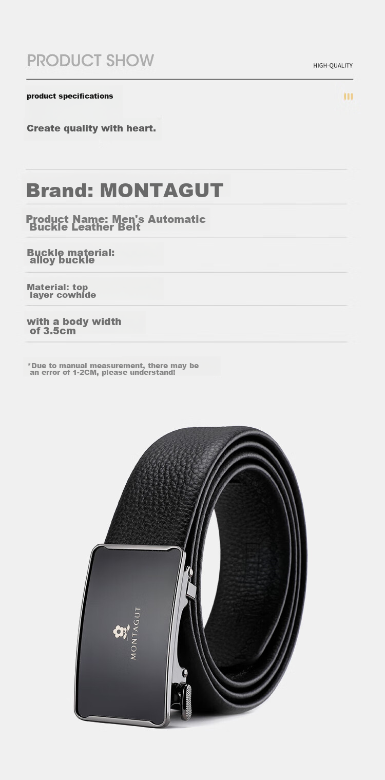 MONTAGUT Men's Leather Belt, Genuine Top-Grain Cowhide, Automatic Buckle, Waist Belt for Men, Gift Box, Father's Day Present for Boyfriend 9