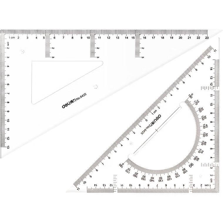 Deli 23cm Triangle Ruler, Equal-Sided Right-Angle Triangle Ruler + Hypotenuse Triangle Ruler, High Transparency Wear-Resistant with Protractor, 2-Piece Set, College Entrance Exam Blessing Gift