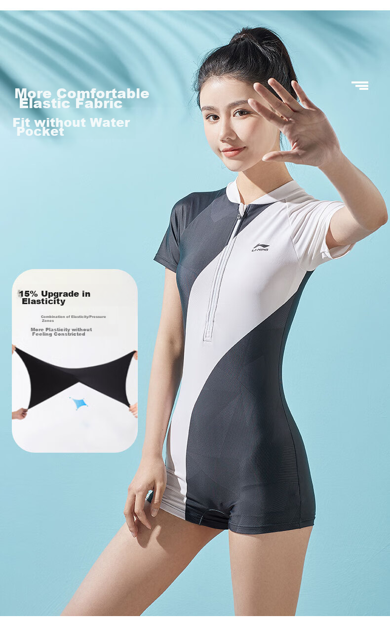 Li-Ning One-Piece Swimsuit for Women, Boyshort Style, Body-Shaping, Waist-Cinching, Contrasting Colors, High-Elasticity, Breathable, Hot Spring Resort Swimwear, 028 Black And White, Size L 4