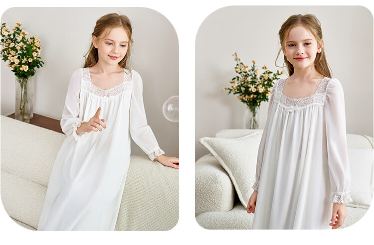 YEEHOO [50S Modal] Children's Nightgown, Soft And Comfortable Princess-Style Home Sleepwear for Girls, White, Size 120 5