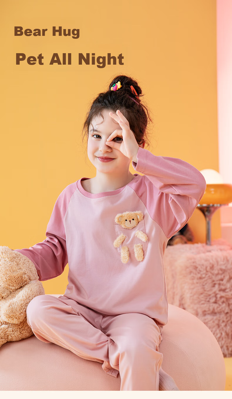 Fenteng Children's Pajamas for Girls, 100% Cotton Spring Season Three-Dimensional Bear Raglan Sleeve Sleepwear for Older Kids Q9FX257930976 2