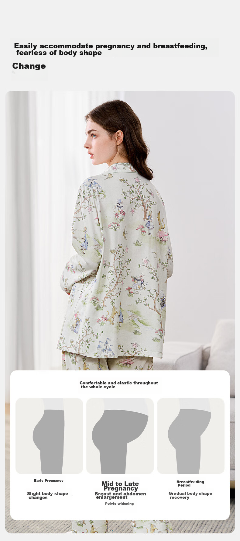 EMXEE Spring And Autumn Thin Maternity Pajamas with Built-In Chest Pads, Postpartum Nursing Sleepwear, Alice Home Wear, Size M 10