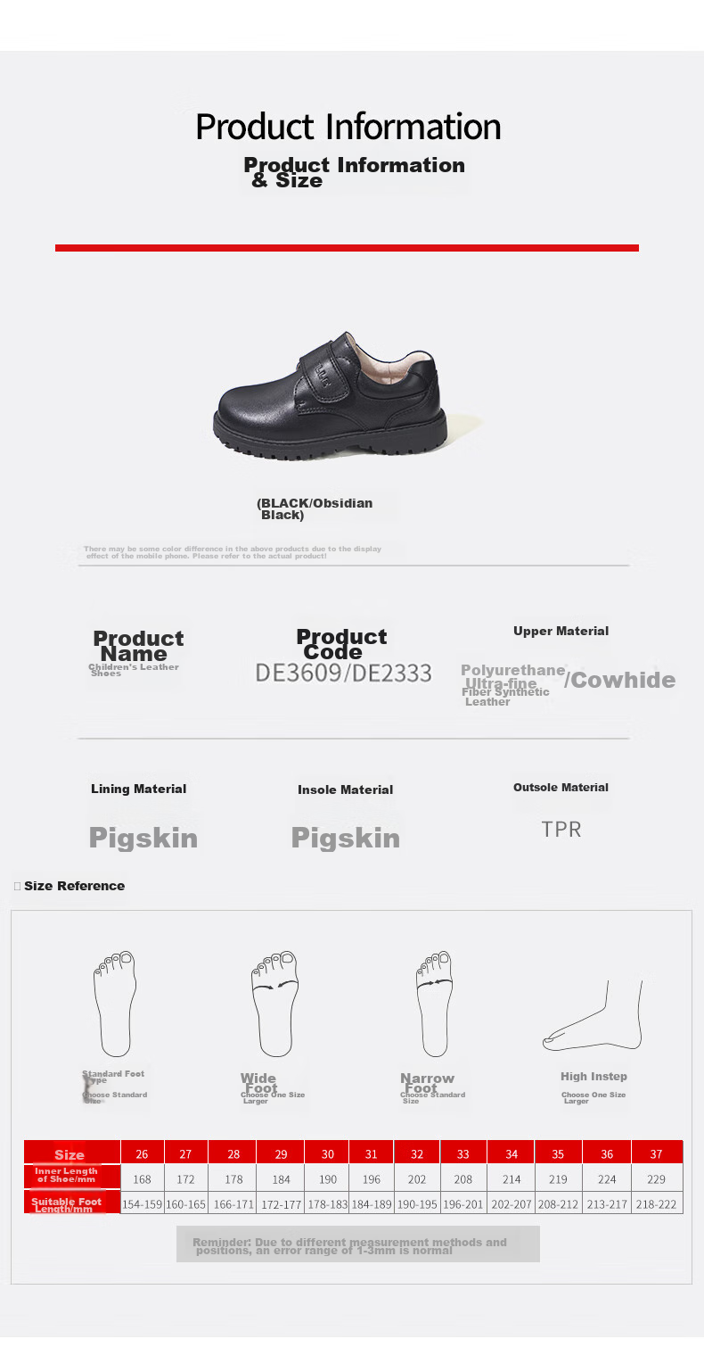 Belle Children's Shoes, Boys' Leather Shoes, Cowhide Student Performance Shoes, Boys' Show Shoes, Spring And Autumn Flats for Older Children, Black, Size 30 7