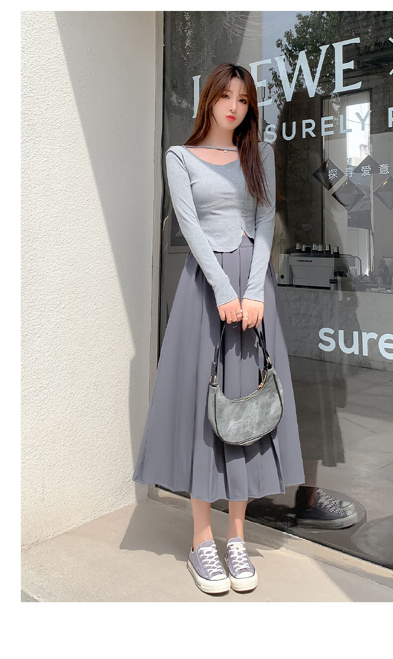 LangSha Pleated Skirt Women's Spring Vintage Mid-Length A-Line Skirt Elastic Waist Slim Fit Suit Umbrella Skirt 17