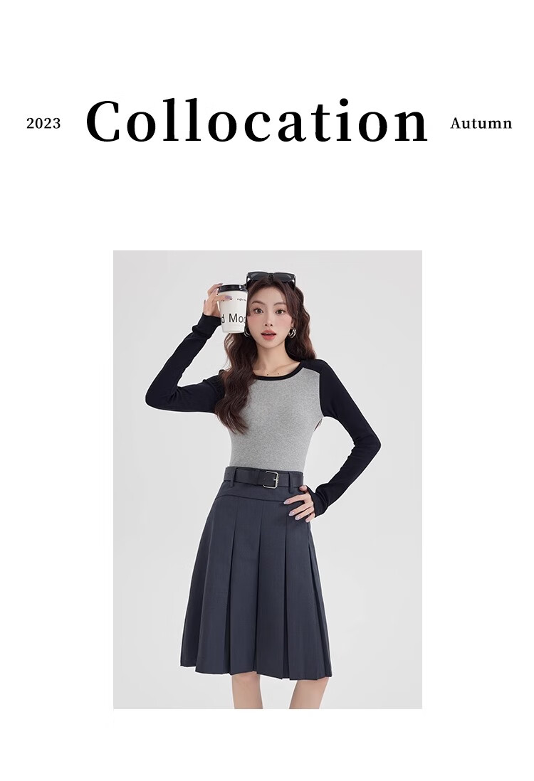 NOME Color Block Spliced Long Sleeve T-Shirt for Women, Autumn New Style Design Inner Layer Raglan Sleeve Top, Gray, L 11
