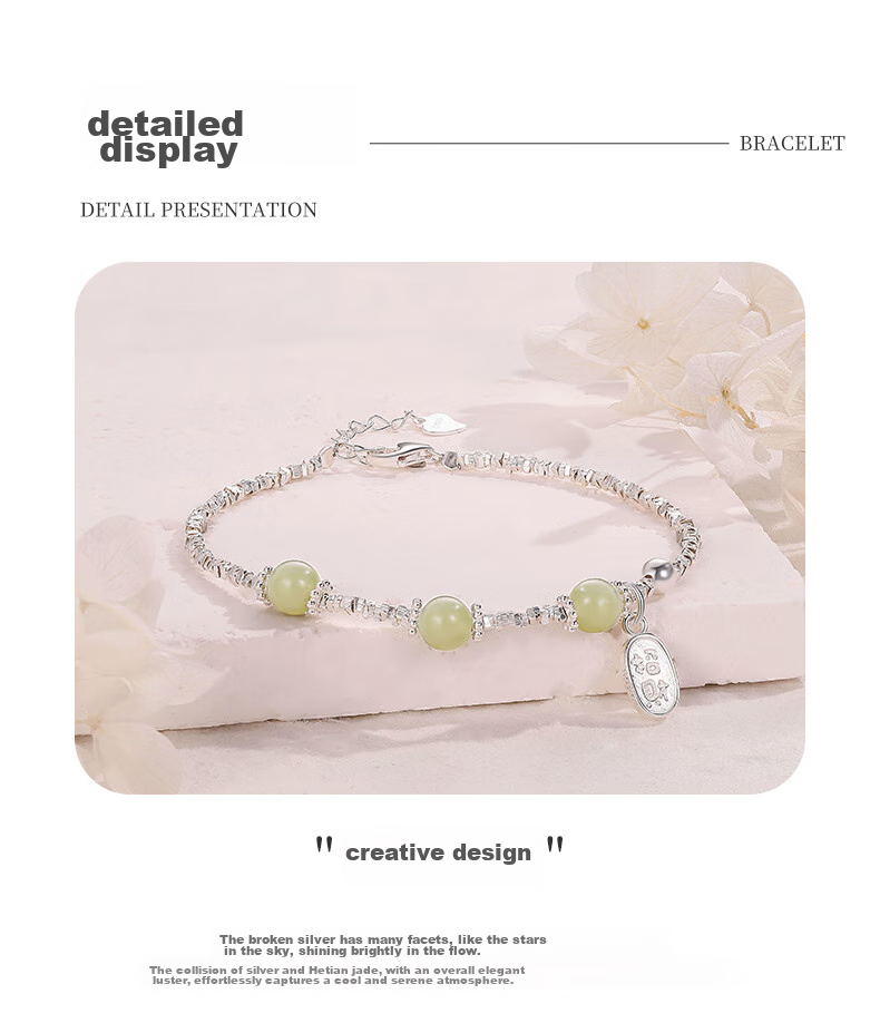 Sino Gem Mid-Autumn Festival Gift for Girlfriend, Silver Bracelet with Crushed Silver Beads And Jade Bead Bracelet, Mid-Autumn Festival Gift for Girlfriend 4