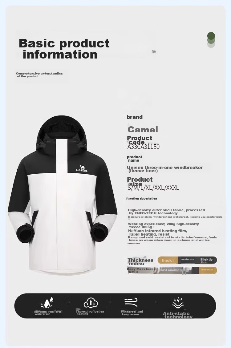 CAMEL 3-in-1 Waterproof Rainproof Mountaineering Jacket Unisex Outdoor Hiking Coat 23