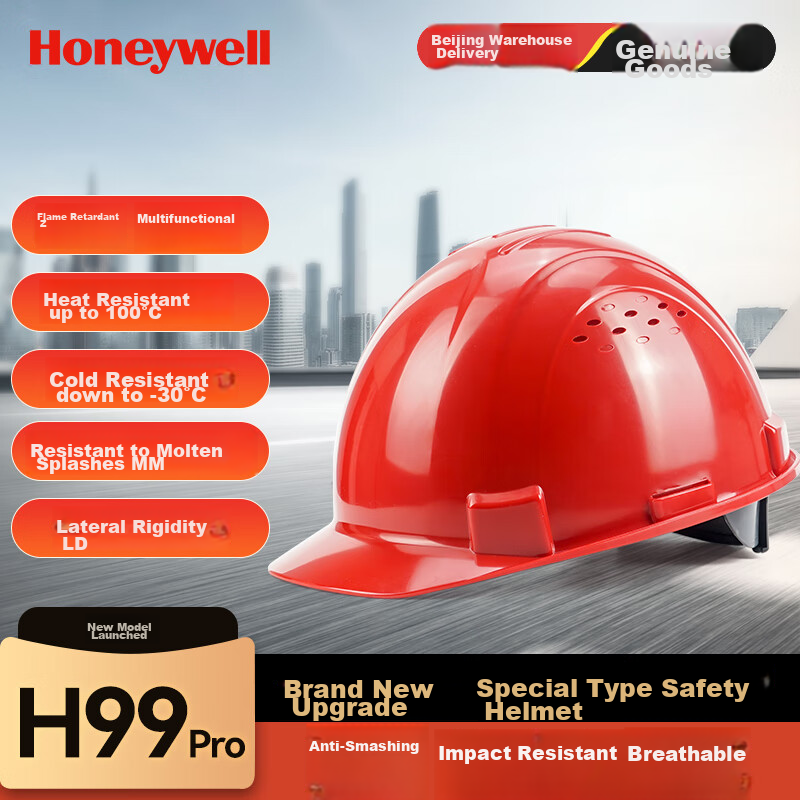 Honeywell Multi-Functional Advanced Safety Helmet H99Pro, Impact-Resistant, High And Low Temperature Resistant, Flame Retardant, for Construction Sites, Supervisors And Inspectors, ABS+PC, Red, Breathable