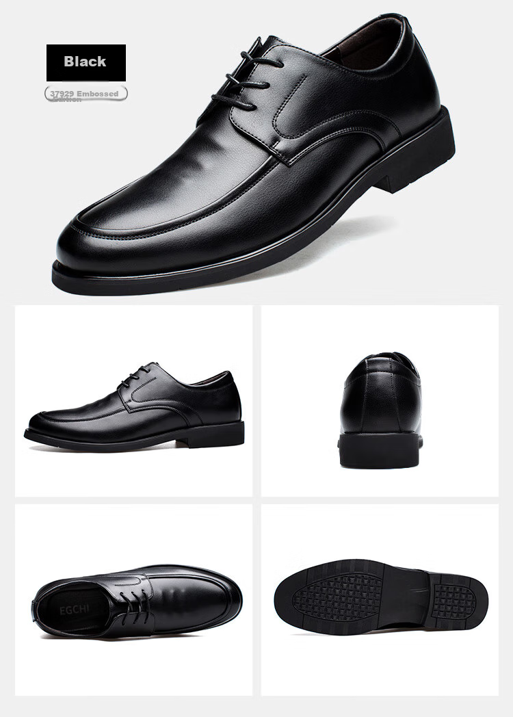 EGCHI Men's Leather Shoes, Business Formal Dress British Style Commuter Shoes, 1618 Black (Height-Increasing Version), Size 44 34