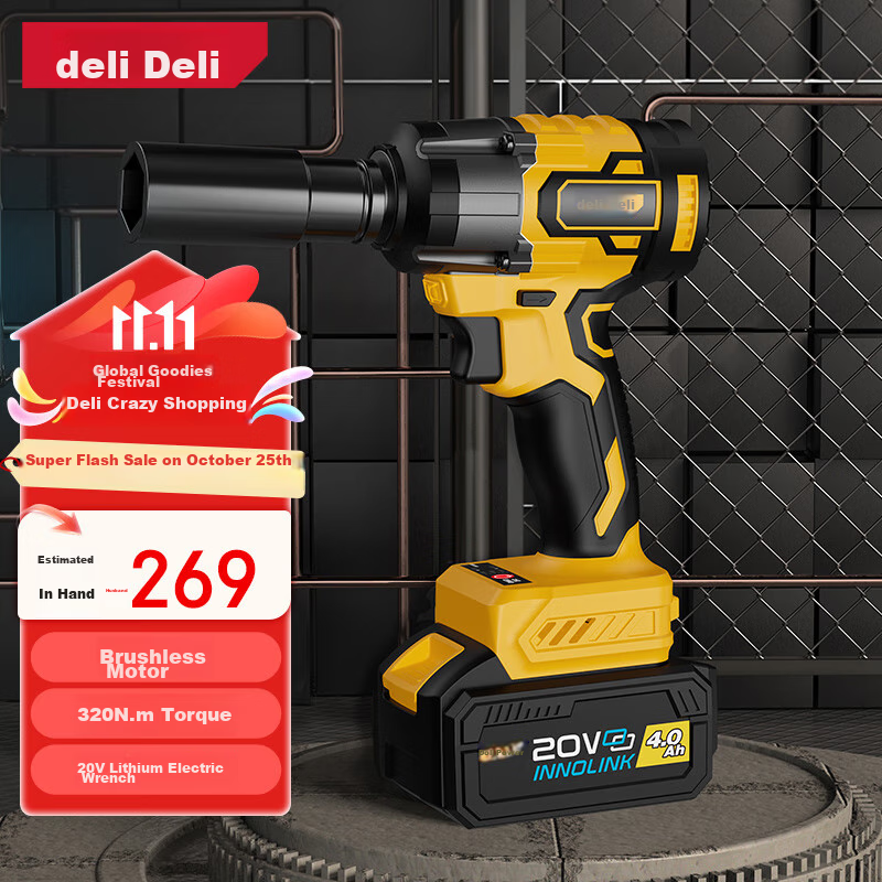 Deli Brushless Electric Impact Wrench, Lithium Battery Wrench, Scaffolding Repair, Air Impact Wrench Socket Set, High-Power Torque Tool Kit