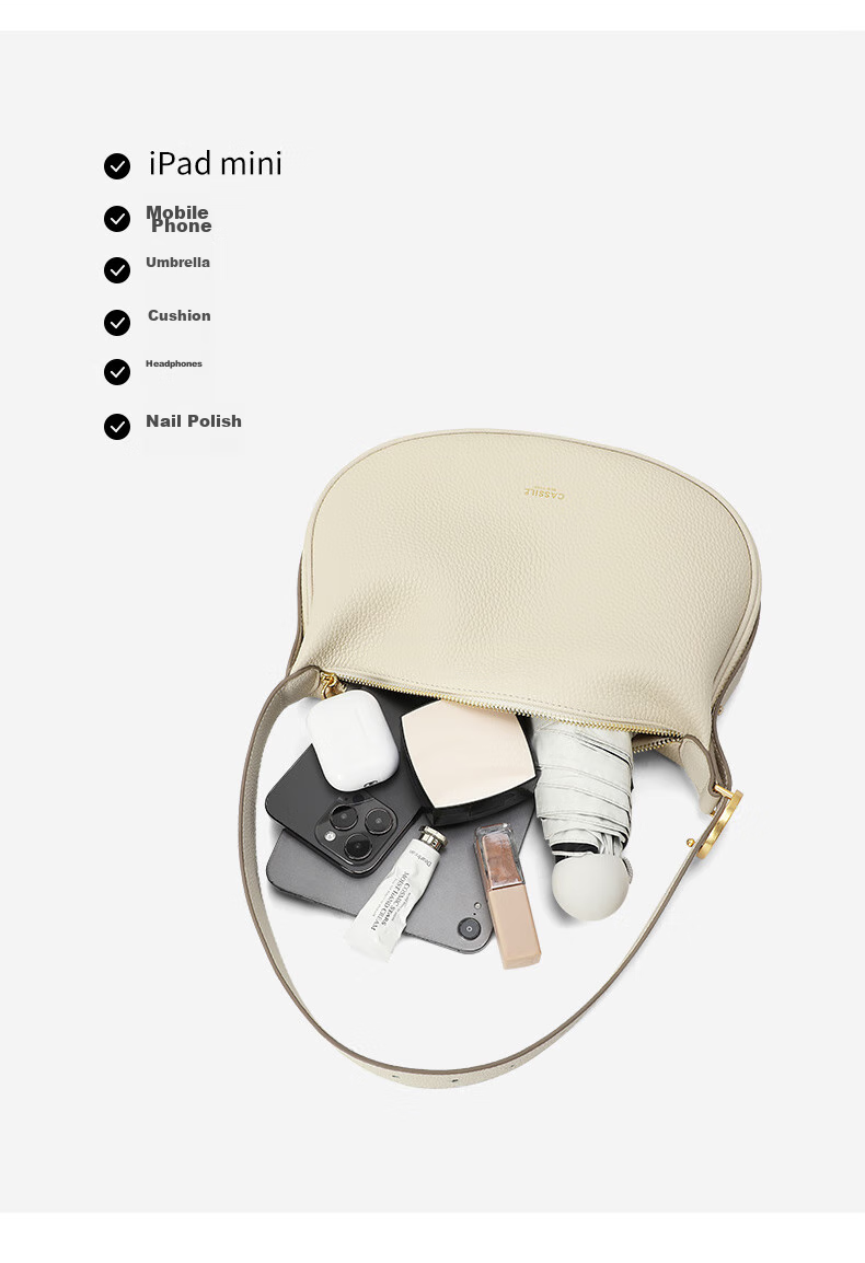CASSILE Women's Handbag, Top-Grain Leather, Crescent Moon Design, Underarm Crossbody Bag, Practical Gift for Wife on May 20th 15