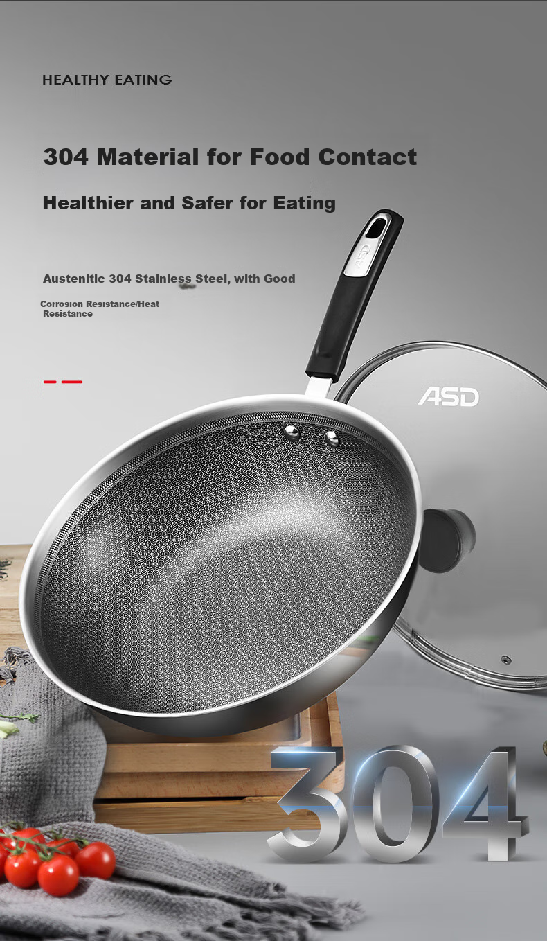 ASD Wok Pan, 304 Stainless Steel, Uncoated, Household Use, 32cm, Compatible with Gas And Induction Cooktops, TV1332 8
