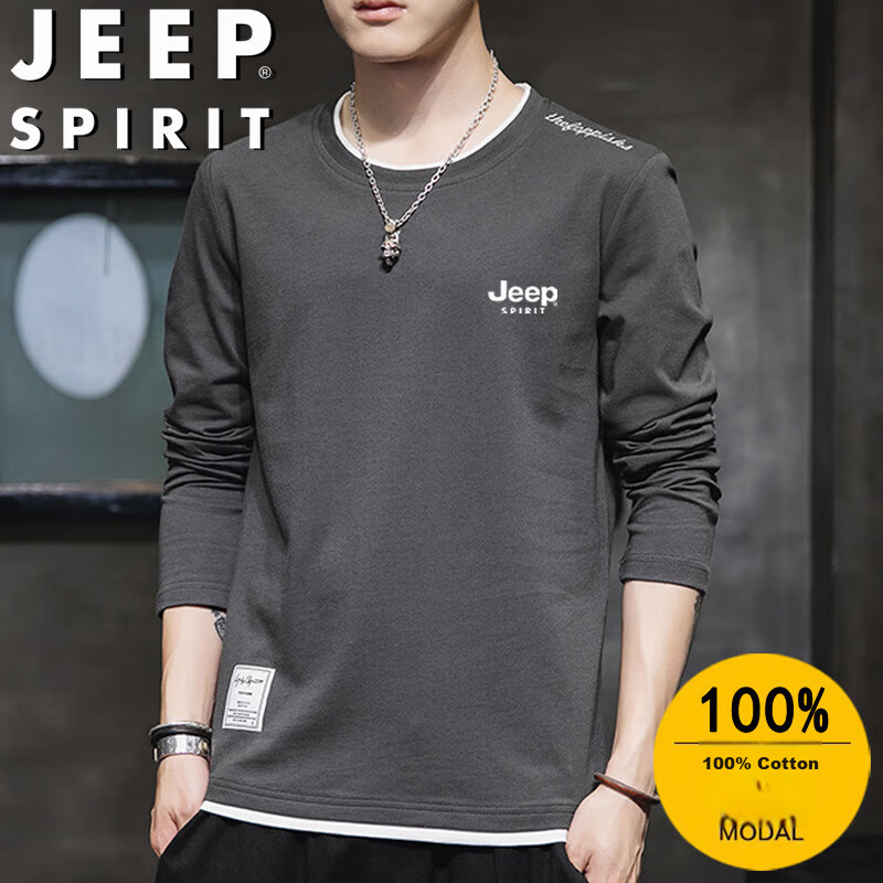 JEEP SPIRIT Men's Long-Sleeve T-Shirt, Spring And Autumn Sports Outdoor Pure Cotton Tee Casual Top, Gray, Size L