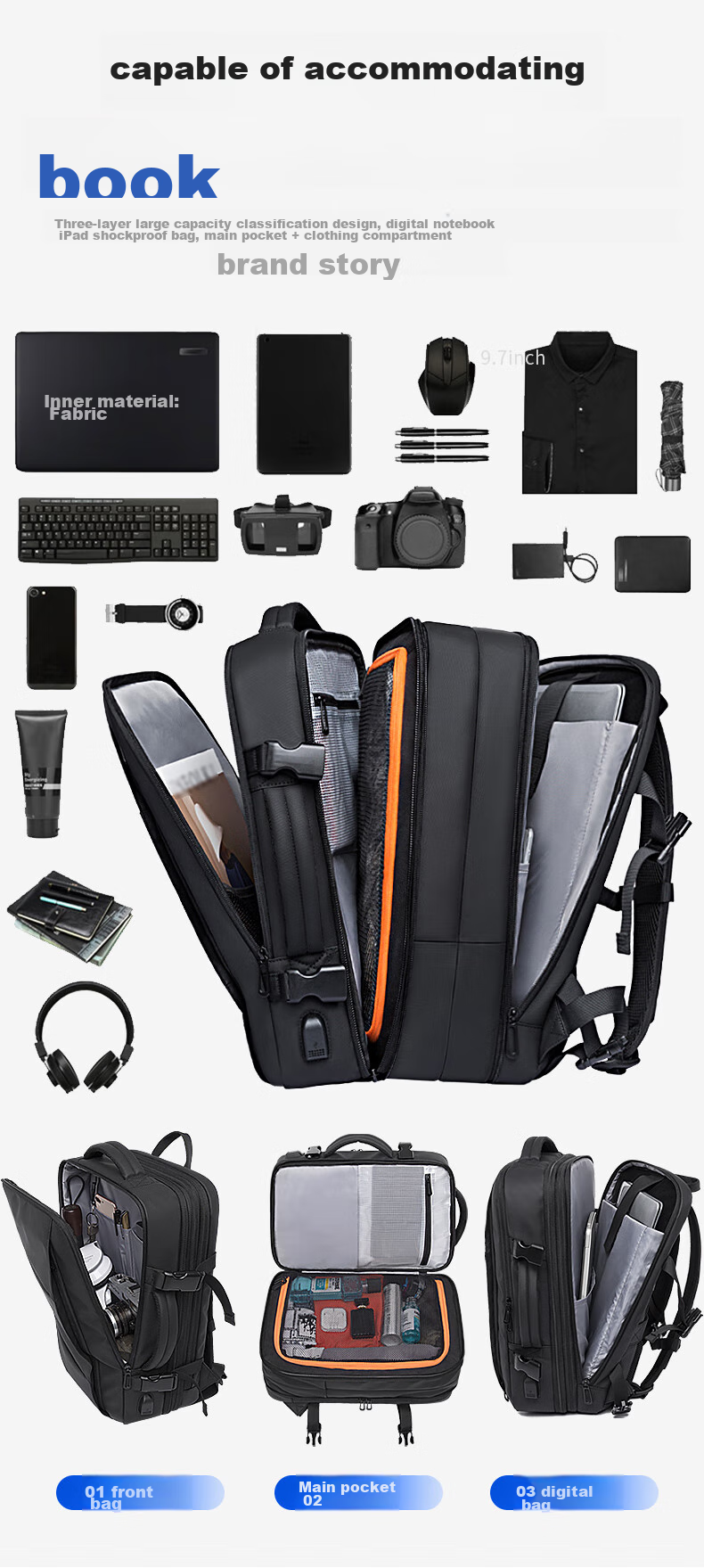 Bange Large Capacity Multifunctional Travel Bag, College Student Gift, 16-Inch Laptop Backpack, Black Small 9
