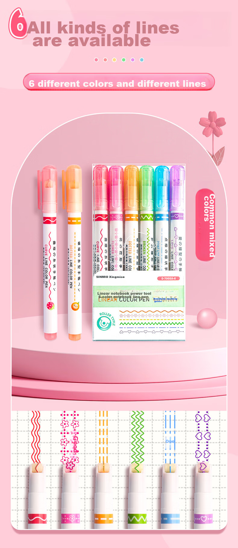 Licao Multi-Color Floral Pattern Outline Pens, Curved Pens, Handwritten Newspaper Specialized Highlighters, Journal Floral Edge Pens, Emphasis Pens, 6 Floral Pattern Outline Pens, 6-Pack Set 4