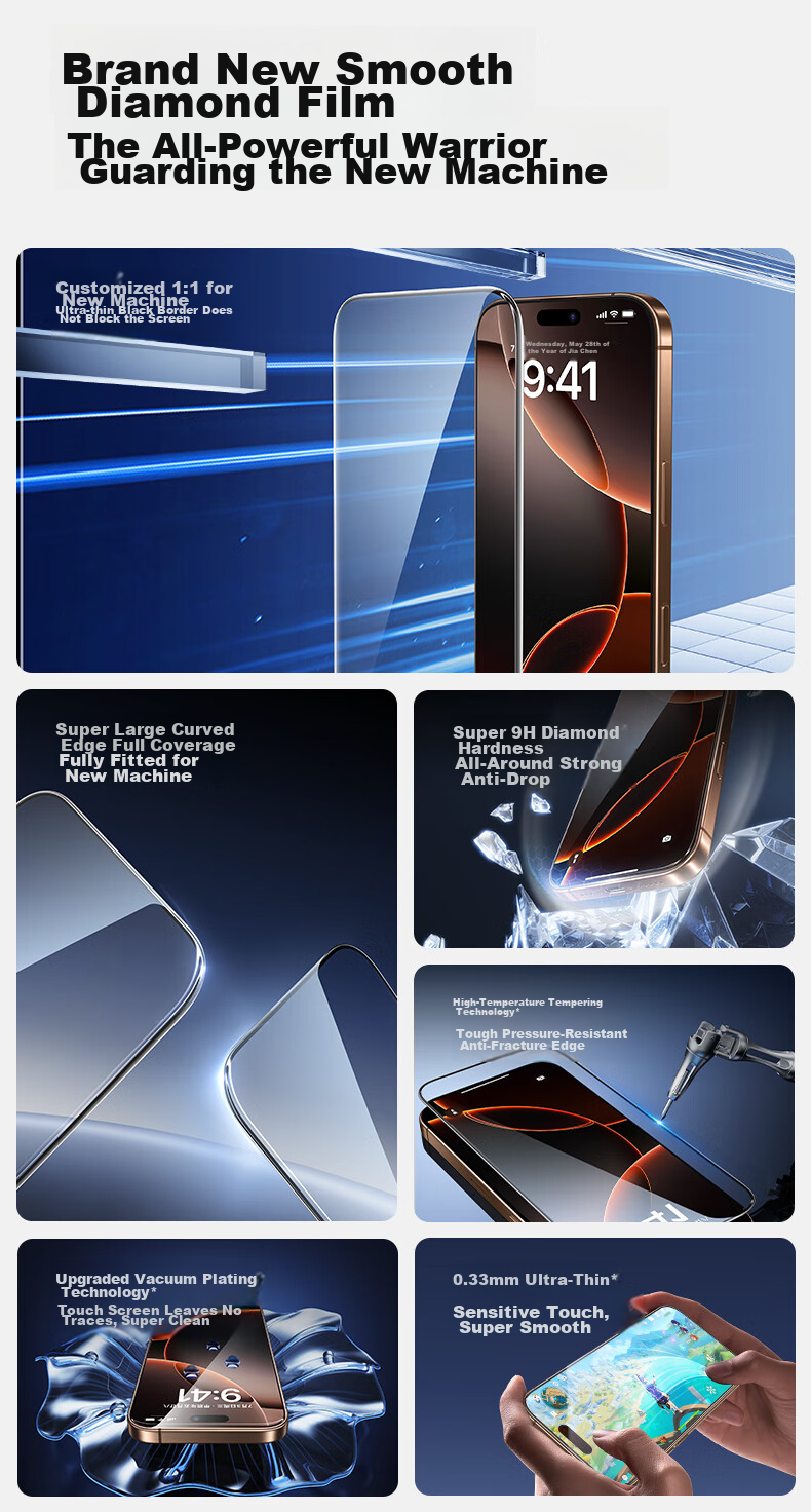 Shanmo Tempered Glass Screen Protector for IPhone 16 Pro Max, Apple 16 Pro Max Phone Film, 3D Full Screen Large View Ultra-Smooth Diamond Anti-Drop Anti-Shatter HD Anti-Fingerprint 3