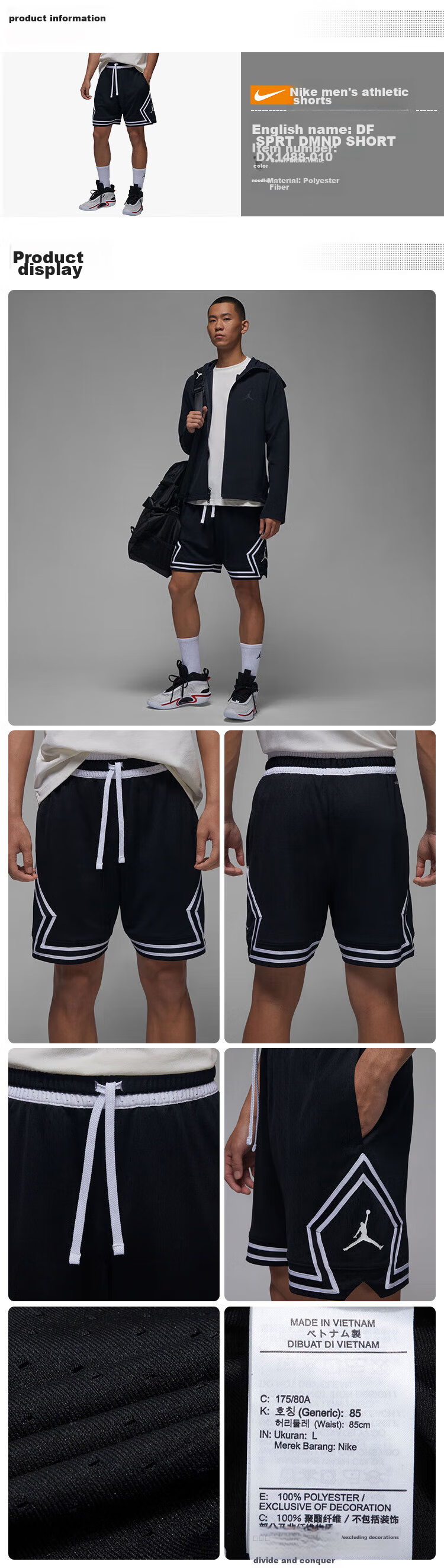Jordan Men's Athletic Shorts, Dri-FIT Quick-Dry, Contrasting Striped, Knee-Length Shorts DX1488-010 Black And White, Size M 1