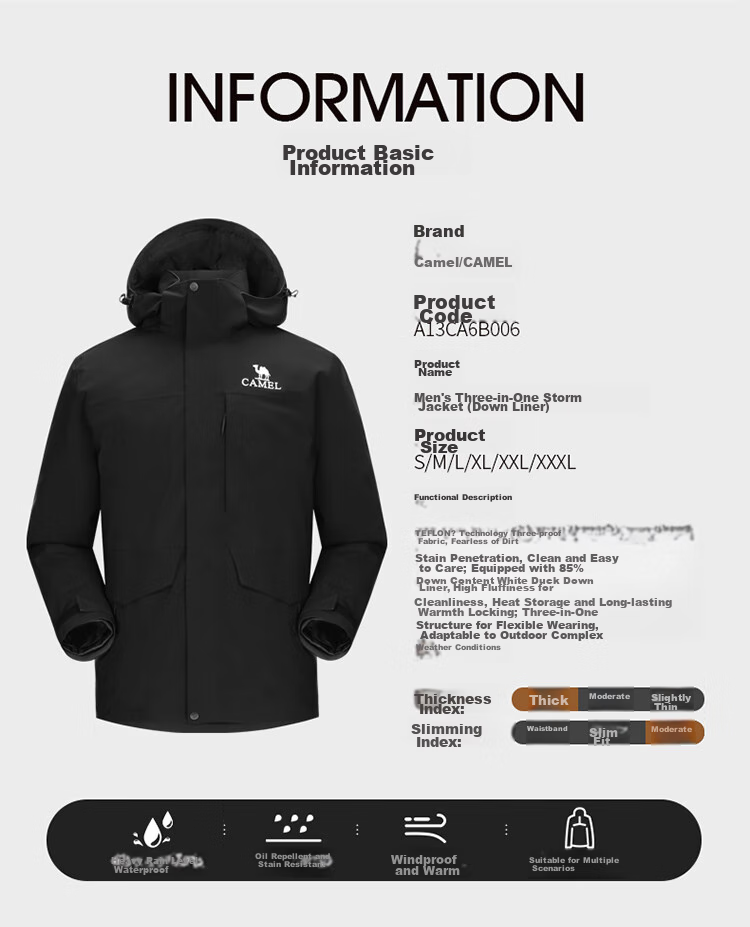 CAMEL Outdoor Triple-Protection down Jacket, Women's Waterproof Coat, Three-In Mountaineering Suit for Men, 7A22263735 16