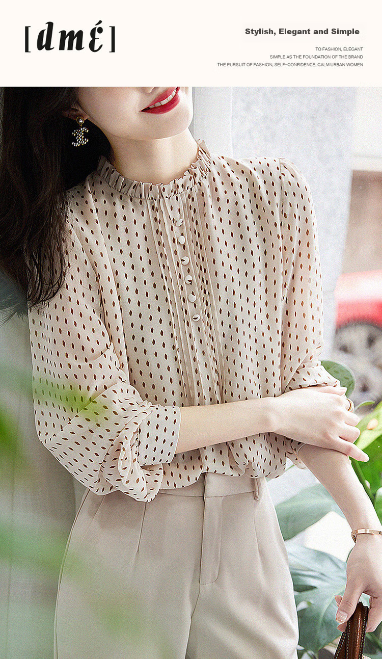 Dme [Polka Dot Puff Sleeve Blouse], Spring And Autumn Stand-Collar Fitted Long-Sleeve Commuter Shirt, Women's Top 1
