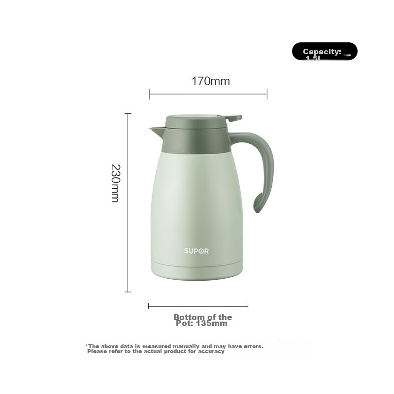 SUPOR Household Vacuum Insulated Thermos, Hot Water Bottle, Large Capacity, Hot Water Jug, 304 Stainless Steel, 1.5L, Mint Green