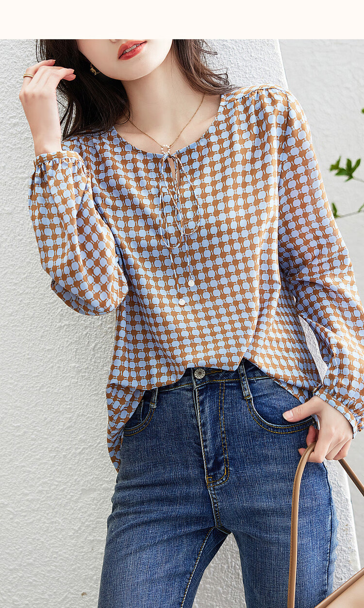 Dme [Cotton-Like Feel Blouse] Spring And Autumn Tie-Up Long-Sleeve Polka Dot Print Shirt Women's Top 6