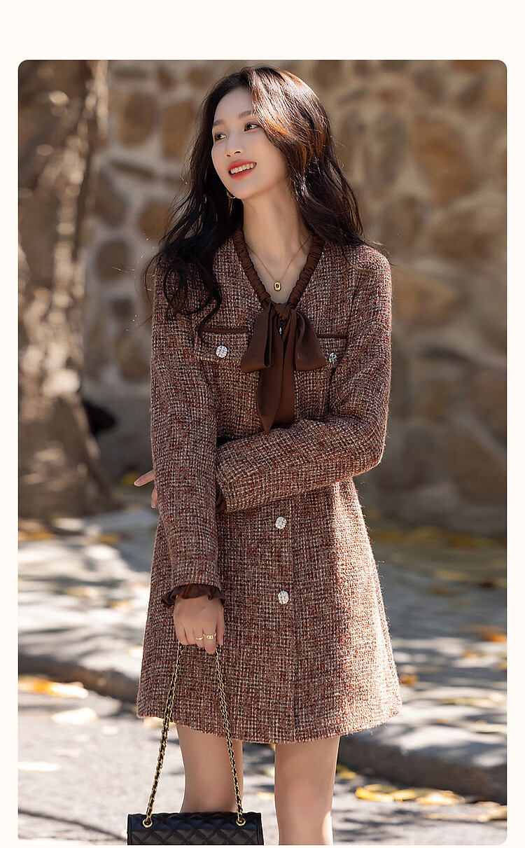 DME "Qianjin Madeleine" Winter Academy Little Chanel Style Chiffon Ruffle Hem Contrast Color Metal Buckle Concealed Flesh Women's Dress 2