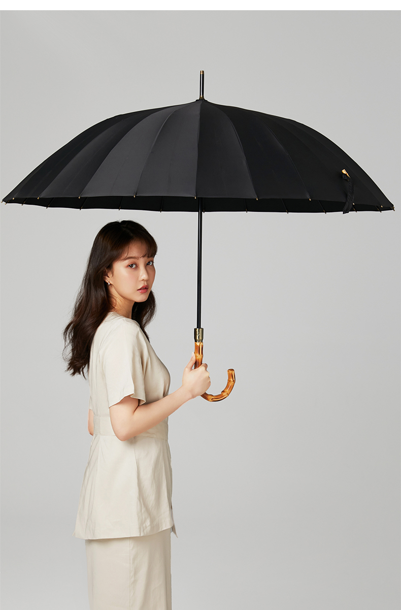 Obsu Japan 24-Rib Bamboo Joint Heavy Rain Umbrella Sturdy Long Handle Simple Design Black 11