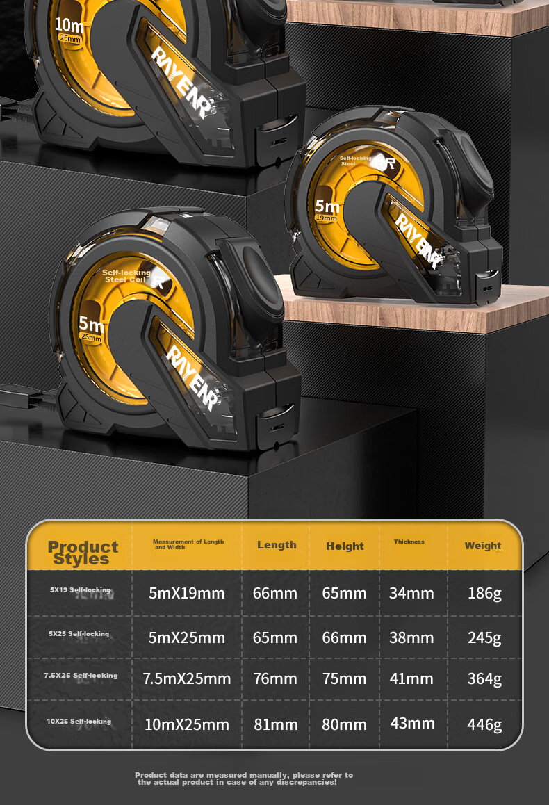 Ruineng Self-Locking Tape Measure, High Precision, Black Gold Rubber-Coated, Transparent Case, Wear-Resistant, Drop-Resistant Steel Tape Measure, Meter Ruler, Box Ruler, 10X25mm 17