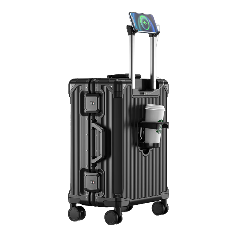 DTA Multifunctional Luggage Suitcase with Spinner Wheels And Aluminum Frame for Men And Women, Carry-On Trolley Case, Travel Leather Suitcase, Classic Black, 20 Inches