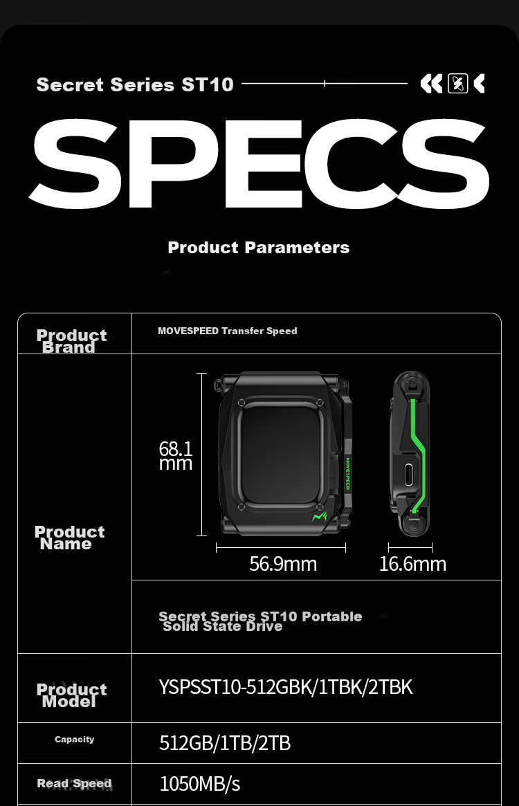 MOVE SPEED ST10 1TB Encrypted Portable Solid State Drive (PSSD) Smart Display Touchscreen High-Speed External Hard Drive for Phones And Computers 1050MB/S 24