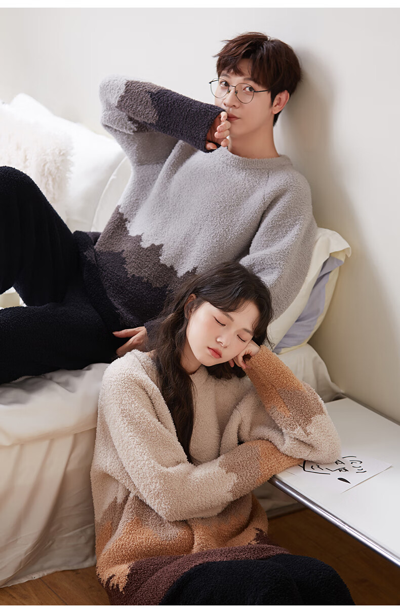 Shaqian Couple's Pajamas, Autumn And Winter Half-Fleece Women's Style, Thickened Warm Coral Fleece Men's Casual Home Wear Set 13