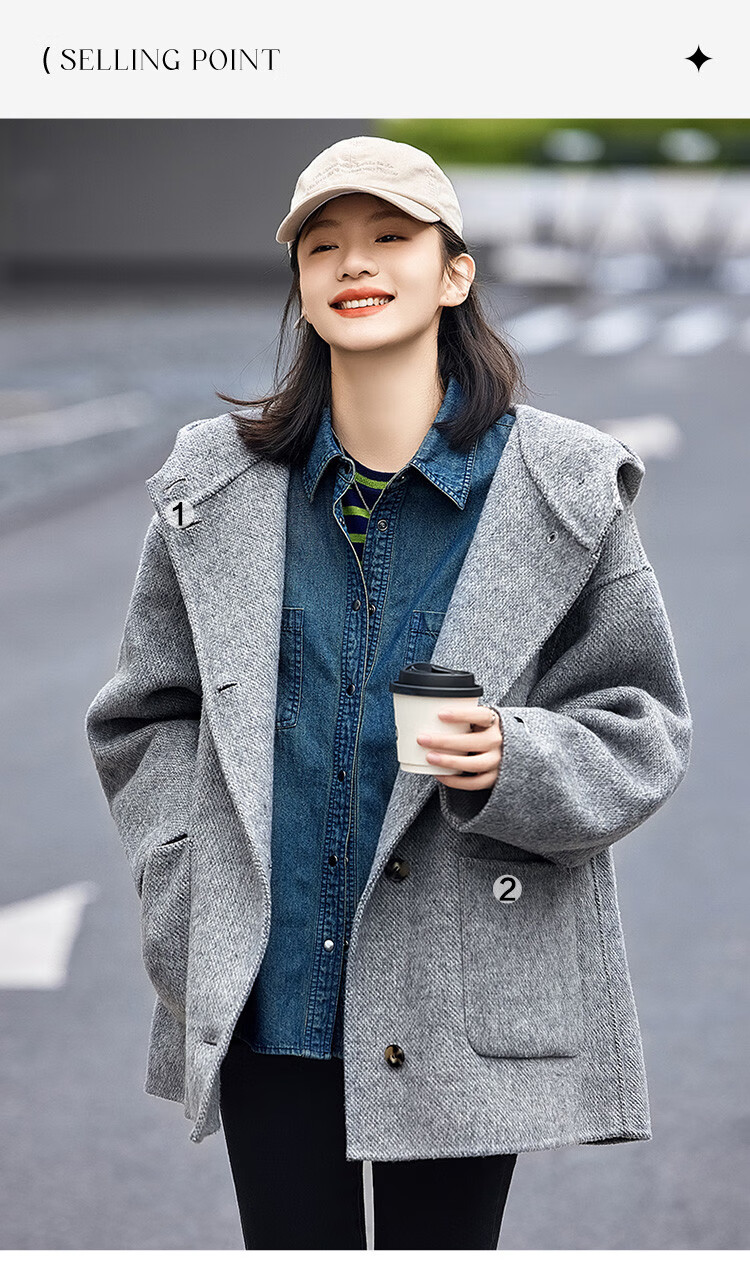 Demana Gray Series Hooded Woolen Coat Winter Loose Long Double-Sided Wool Coat Women Gray L 2
