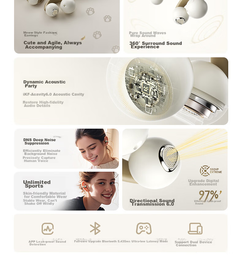 IKF PetClip True Wireless Bluetooth Headphones, Open-Ear Clip-On Bone Conduction Wireless Earphones, HiFi Sound Quality, Long Battery Life, Suitable for Sports And Students, Compatible with Phones, Khaki 6