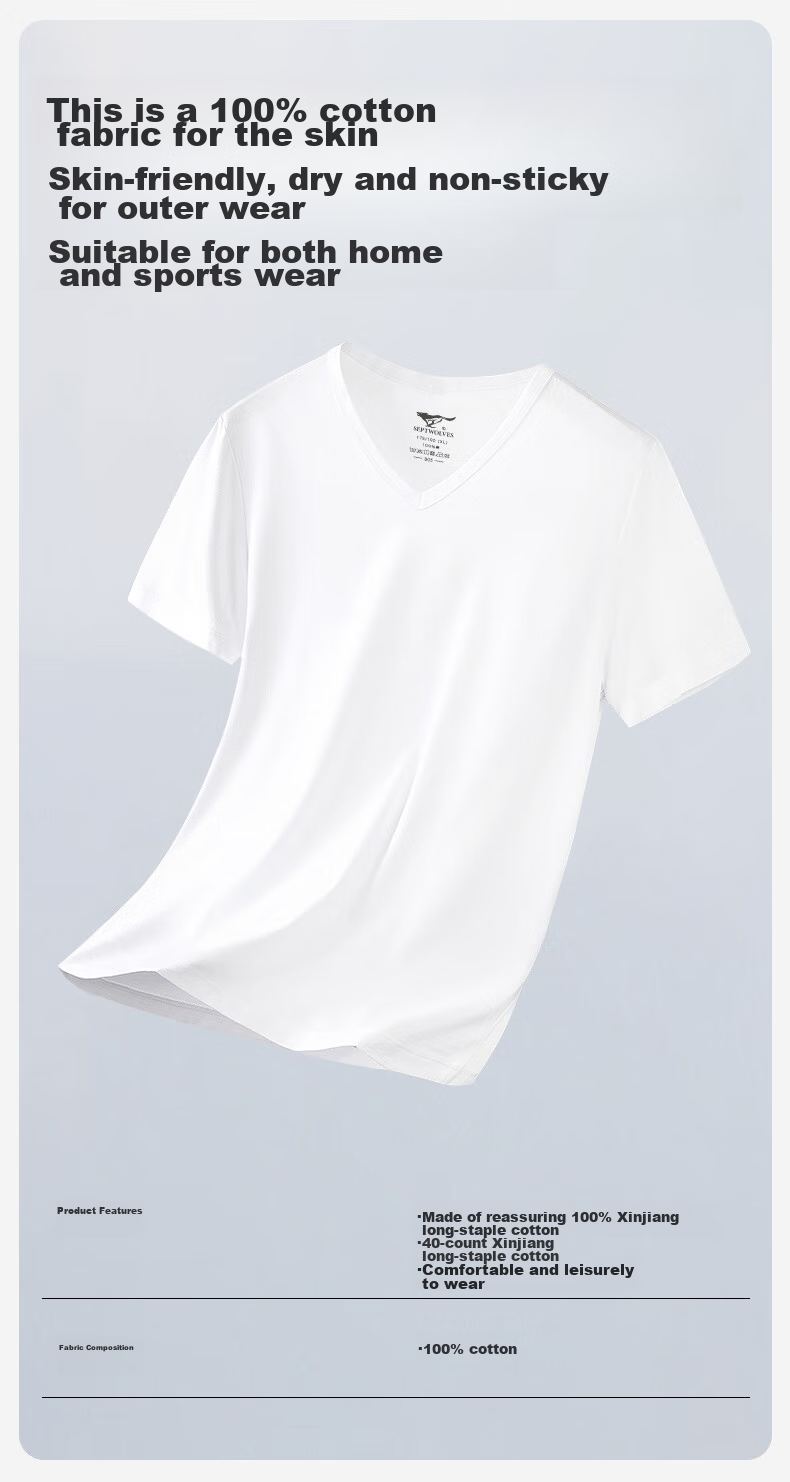 SEPTWOLVES [Classic V-Neck] Men's Short-Sleeve Pure Cotton T-Shirt, Running Sports Base Layer, Sweat-Absorbing Breathable All-Cotton Plain White T-Shirt for Home Wear 1